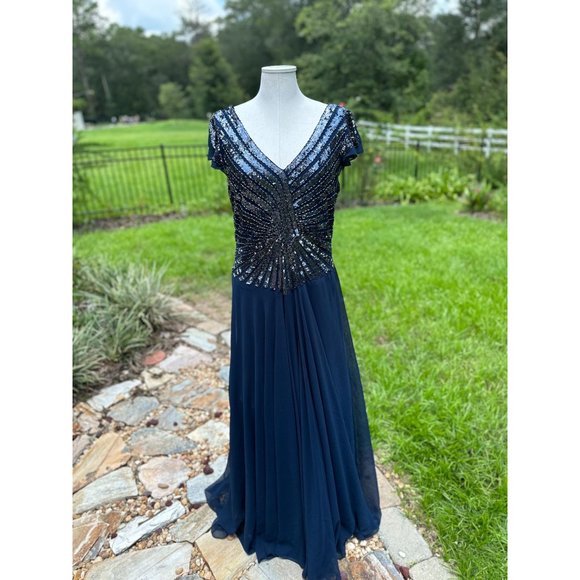 J Kara Gown Maxi Dress Sequin Beaded V Neck V Back Flutter Sleeve A-Line Blue 16 - Picture 2 of 16